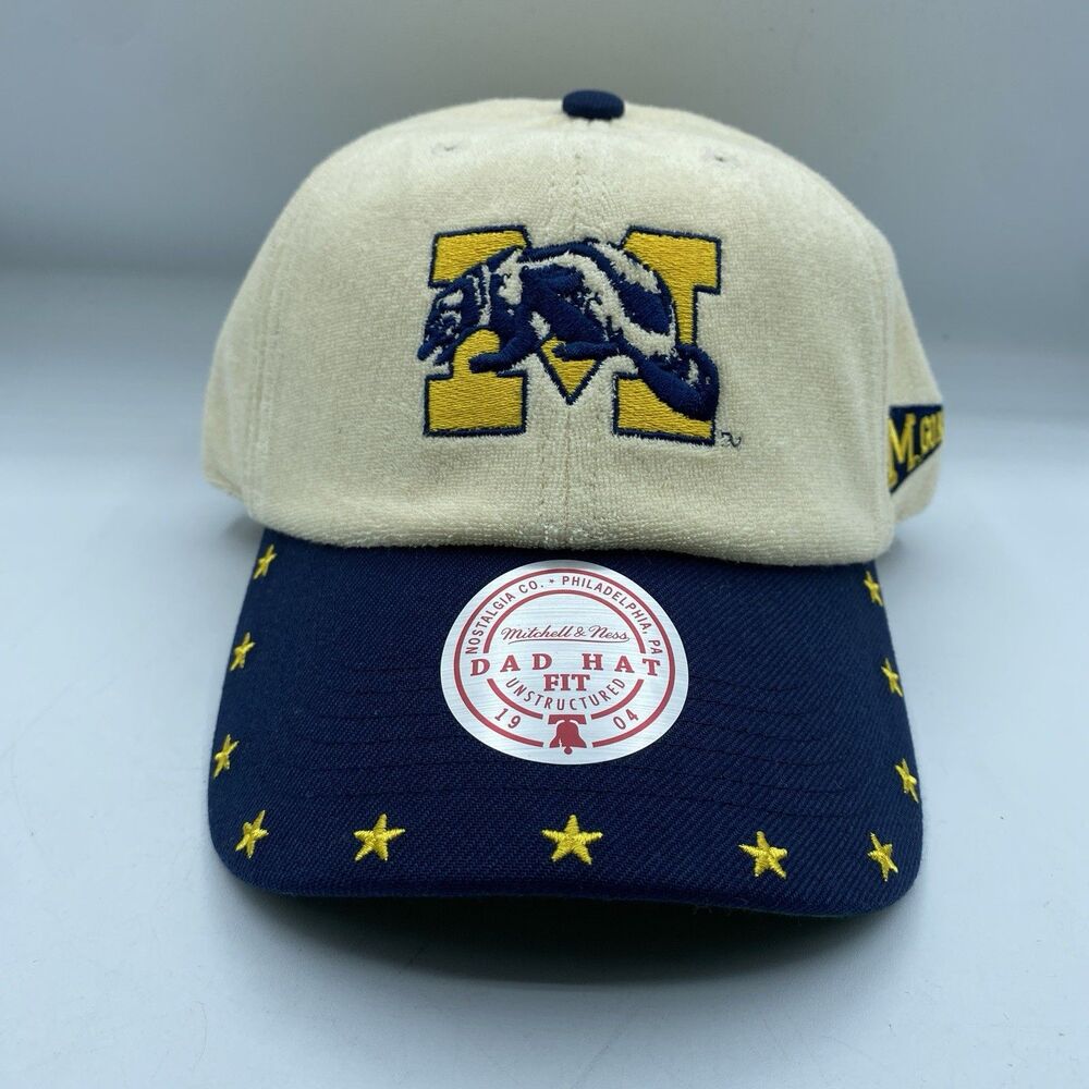 Michigan Wolverines Mitchell & Ness Dune Dad Hat Strapback White Blue Stars NWOT